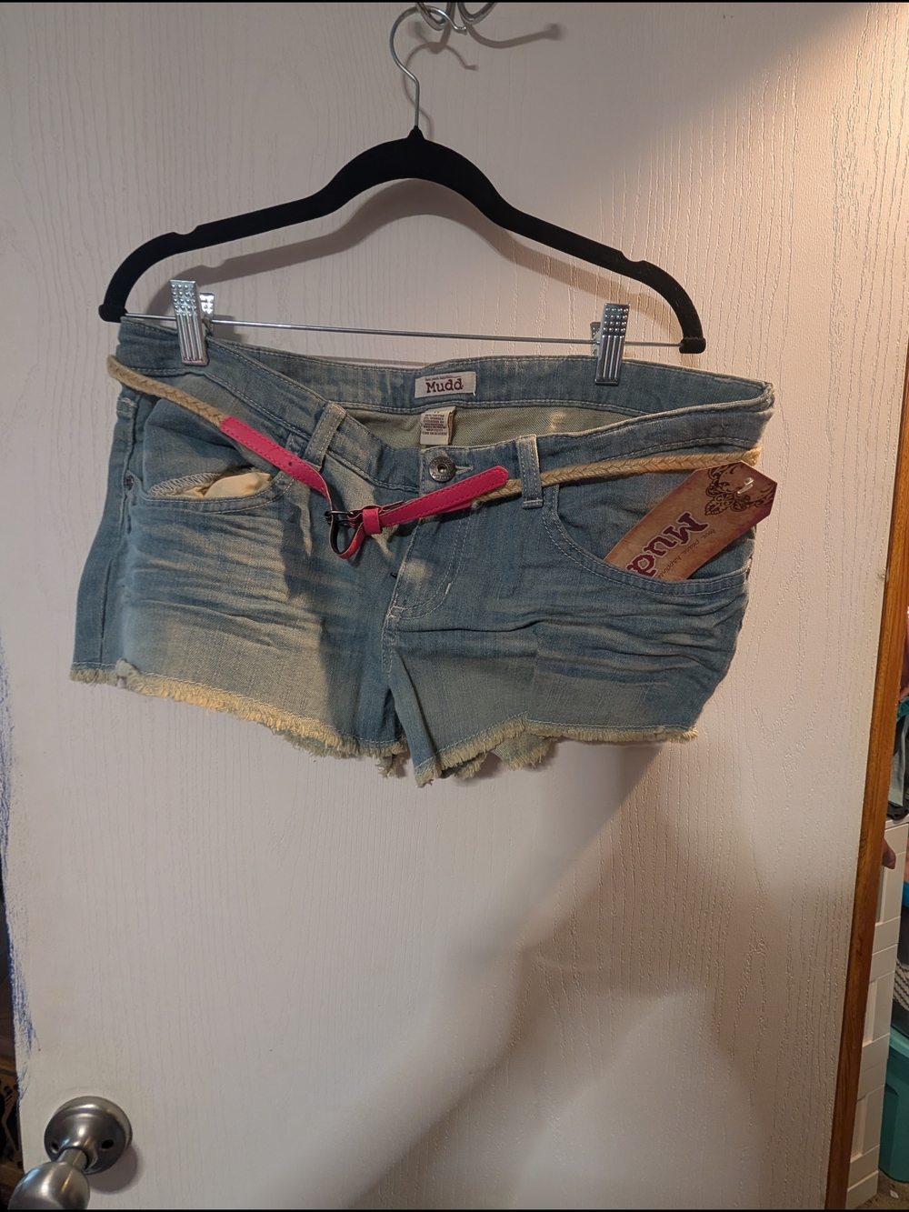 Mudd Light Blue Denim Cutoff Shorts with Pink Accent Belt